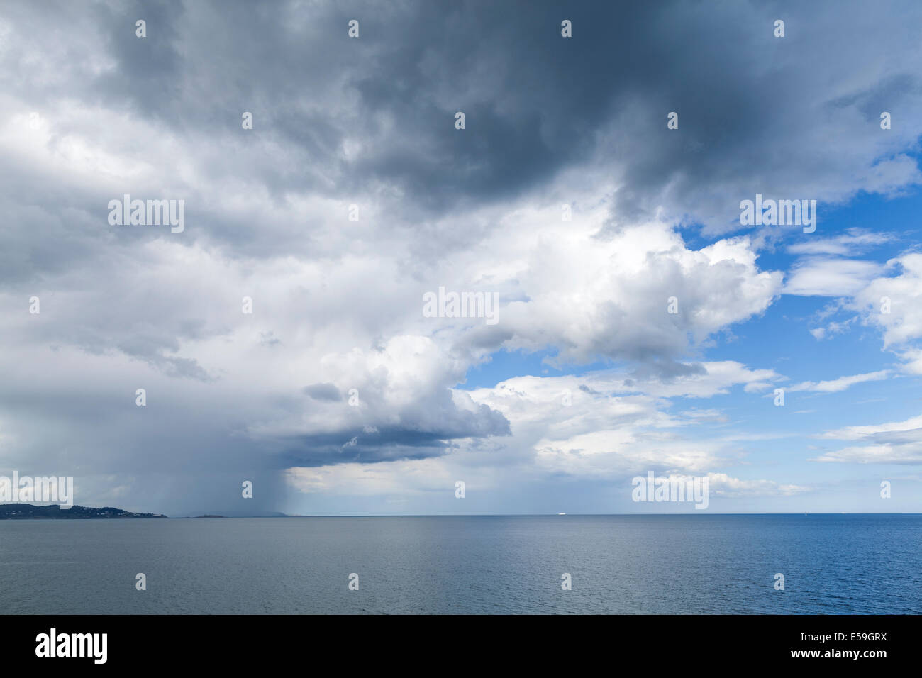 Rain clouds over the east coast of Ireland seen from Bray, County Wicklow, Ireland. Stock Photo
