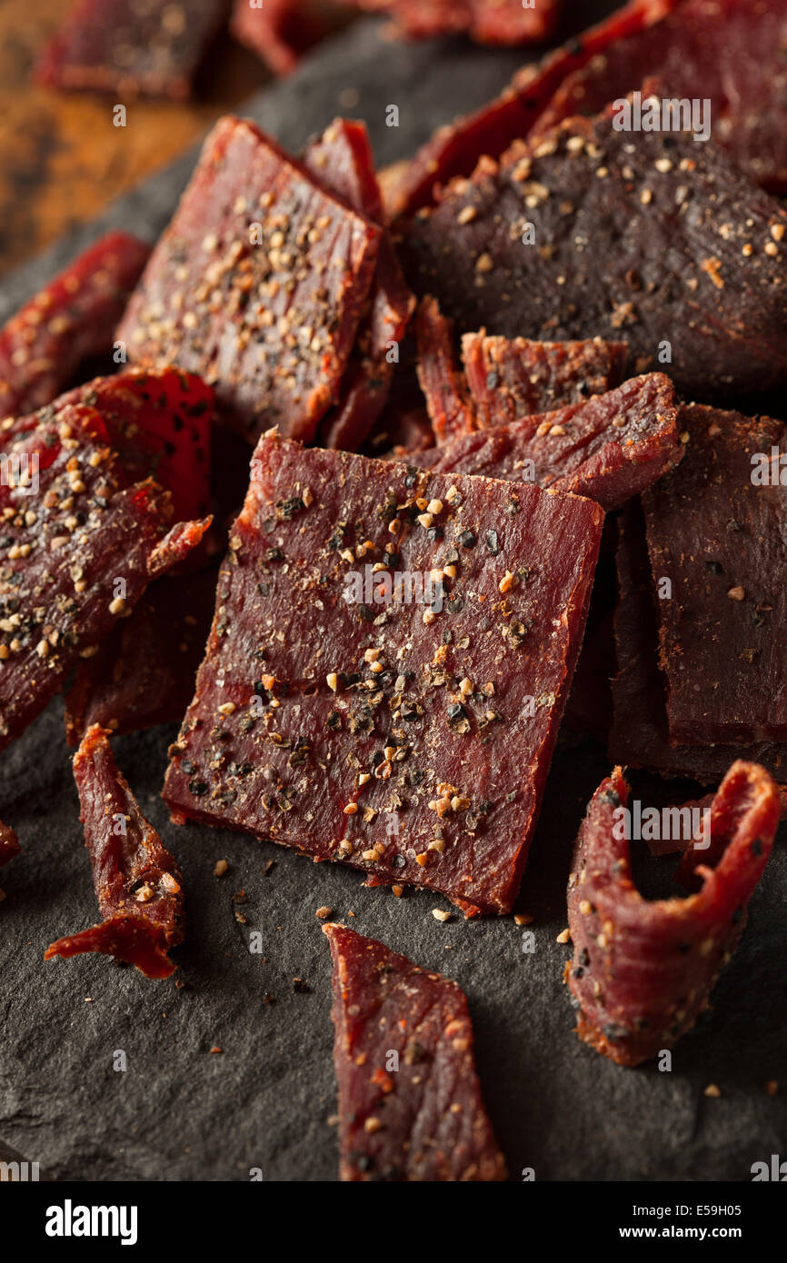 Dried Peppered Beef Jerky Cut in Strips Stock Photo Alamy