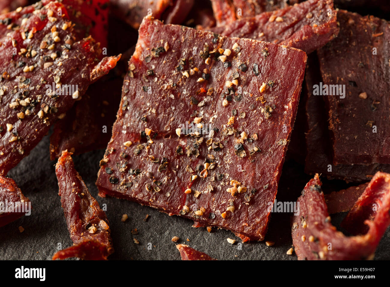 Dried Peppered Beef Jerky Cut in Strips Stock Photo Alamy