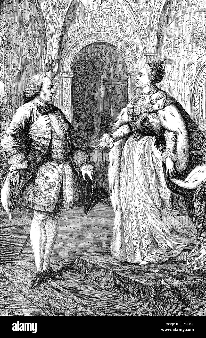 Catherine II or Catherine the Great, 1729 - 1796, Empress of Russia with Denis Diderot, 1713 - 1784, a French philosopher, Stock Photo