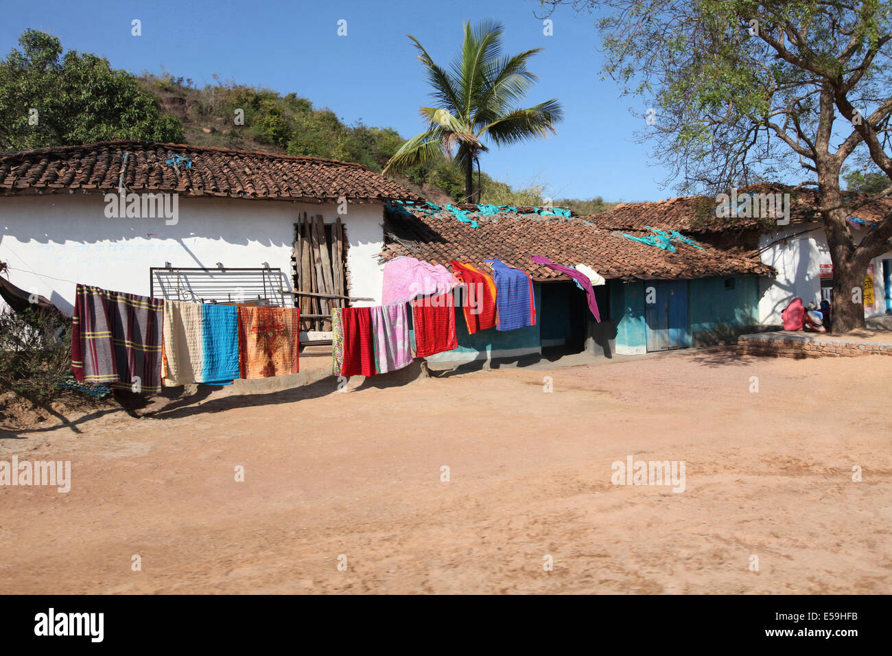 Village houses and courtyard, Baruka Village, Chattisgadh, India Stock Photo