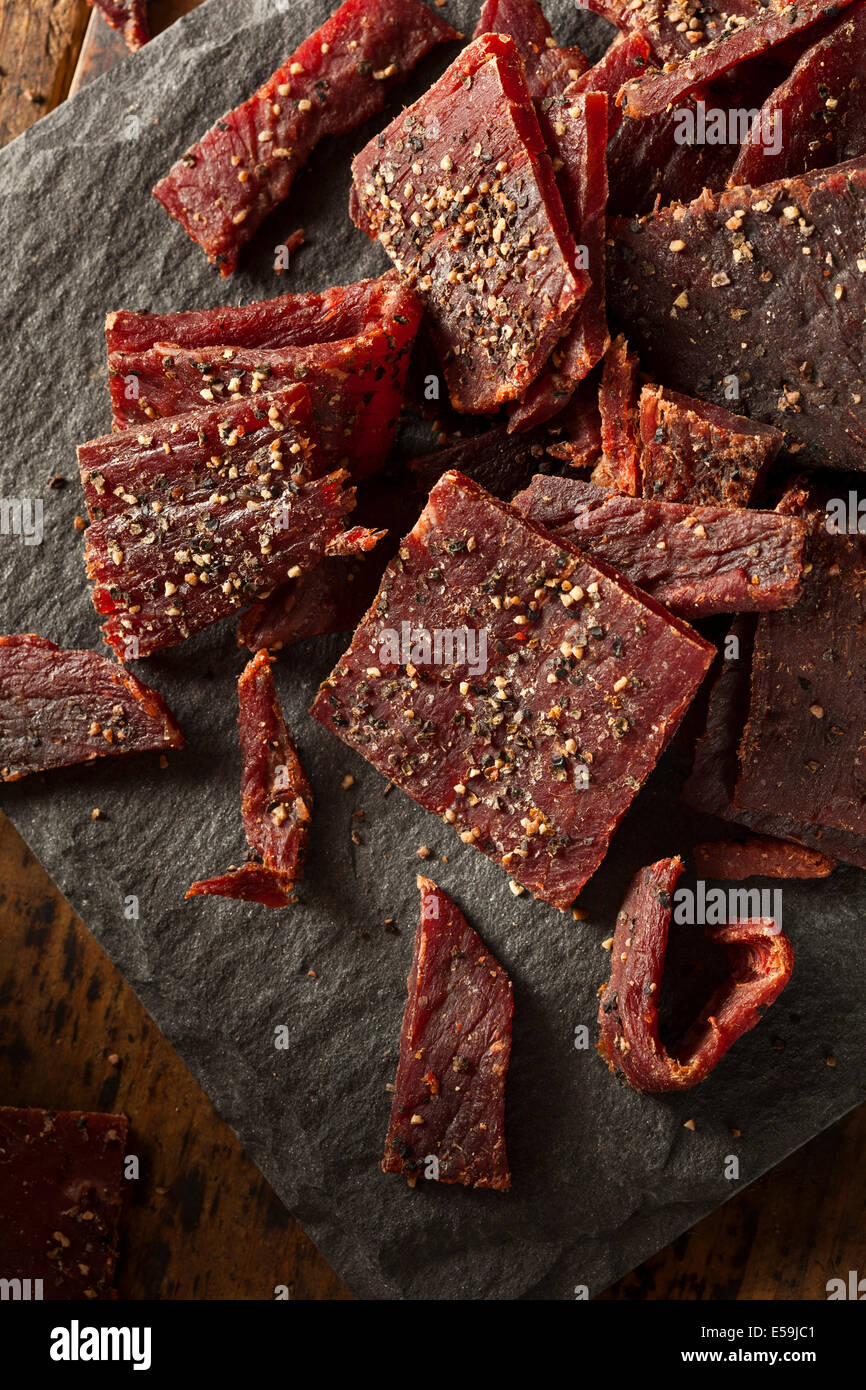 Dried Peppered Beef Jerky Cut in Strips Stock Photo Alamy