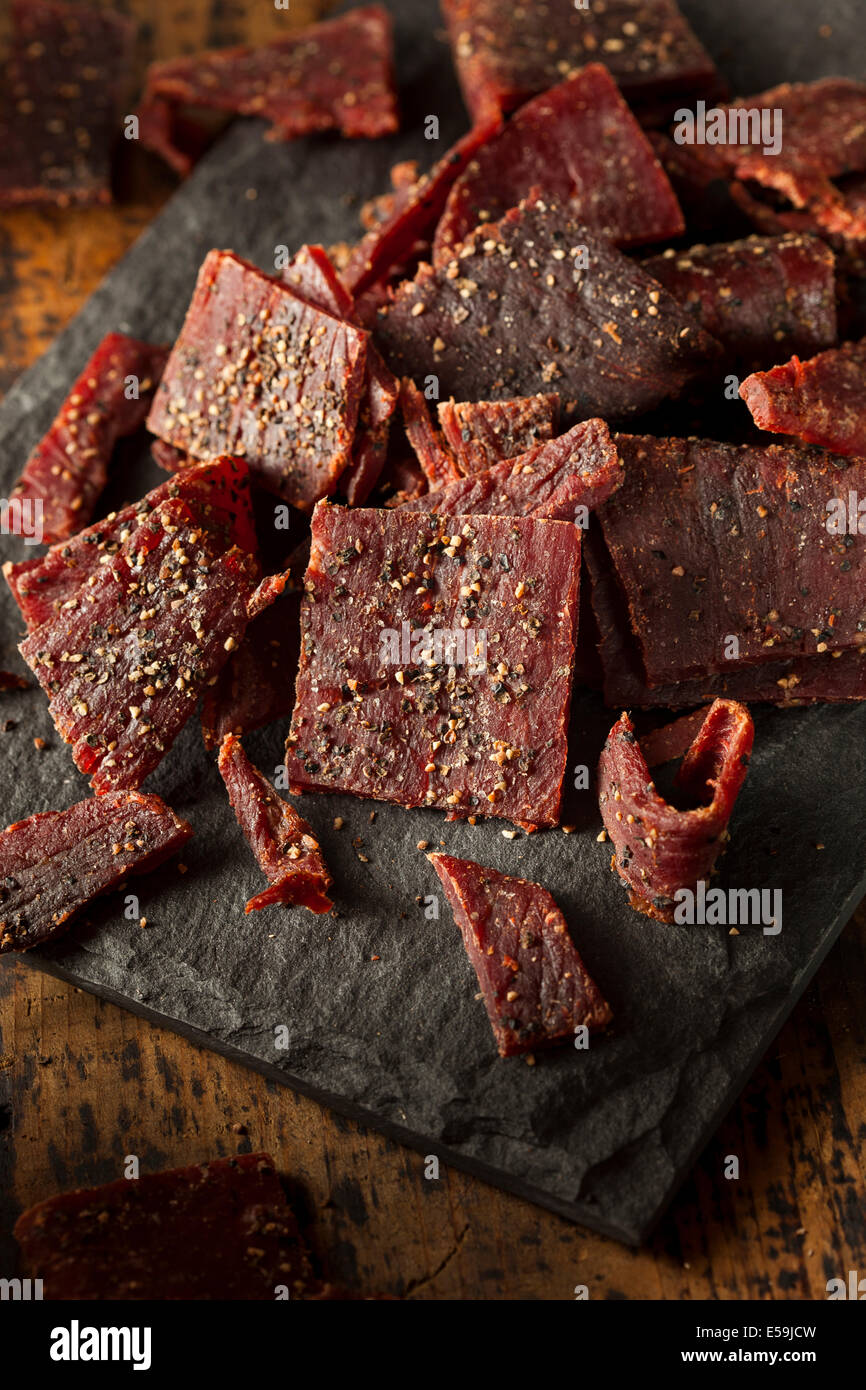 Dried Peppered Beef Jerky Cut in Strips Stock Photo Alamy