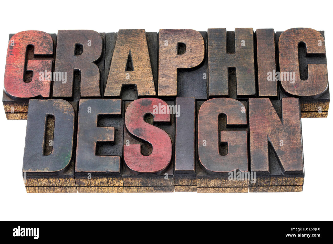 graphic design in vintage grunge letterpress wood type stained by inks Stock Photo