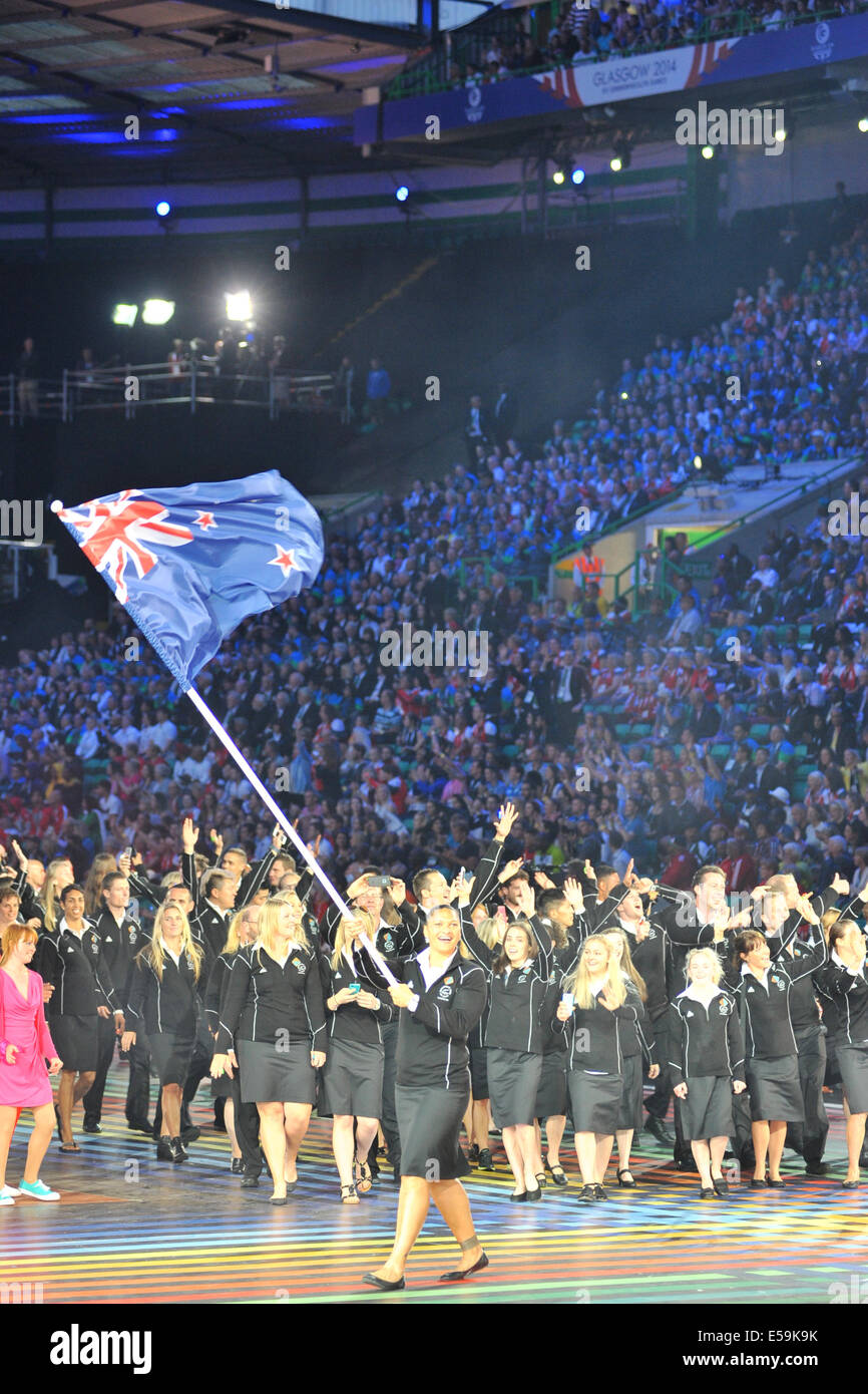 Glasgow, Scotland, UK. 23rd July, 2014. Athletes from New Zealand being led out by their flag bearer, Valerie Adams at the Opening Ceremony for the XX Commonwealth Games in Celtic Park Stadium, Glasgow. Credit:  Michael Preston/Alamy Live News Stock Photo