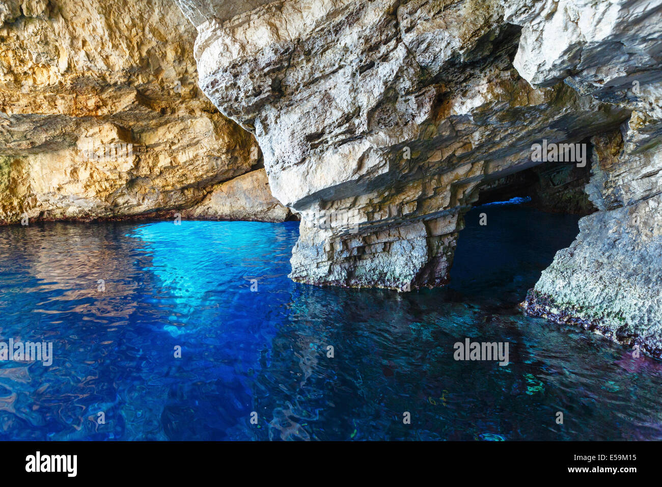 Blue Caves inside  (Zakynthos, Greece, Cape Skinari ) Stock Photo