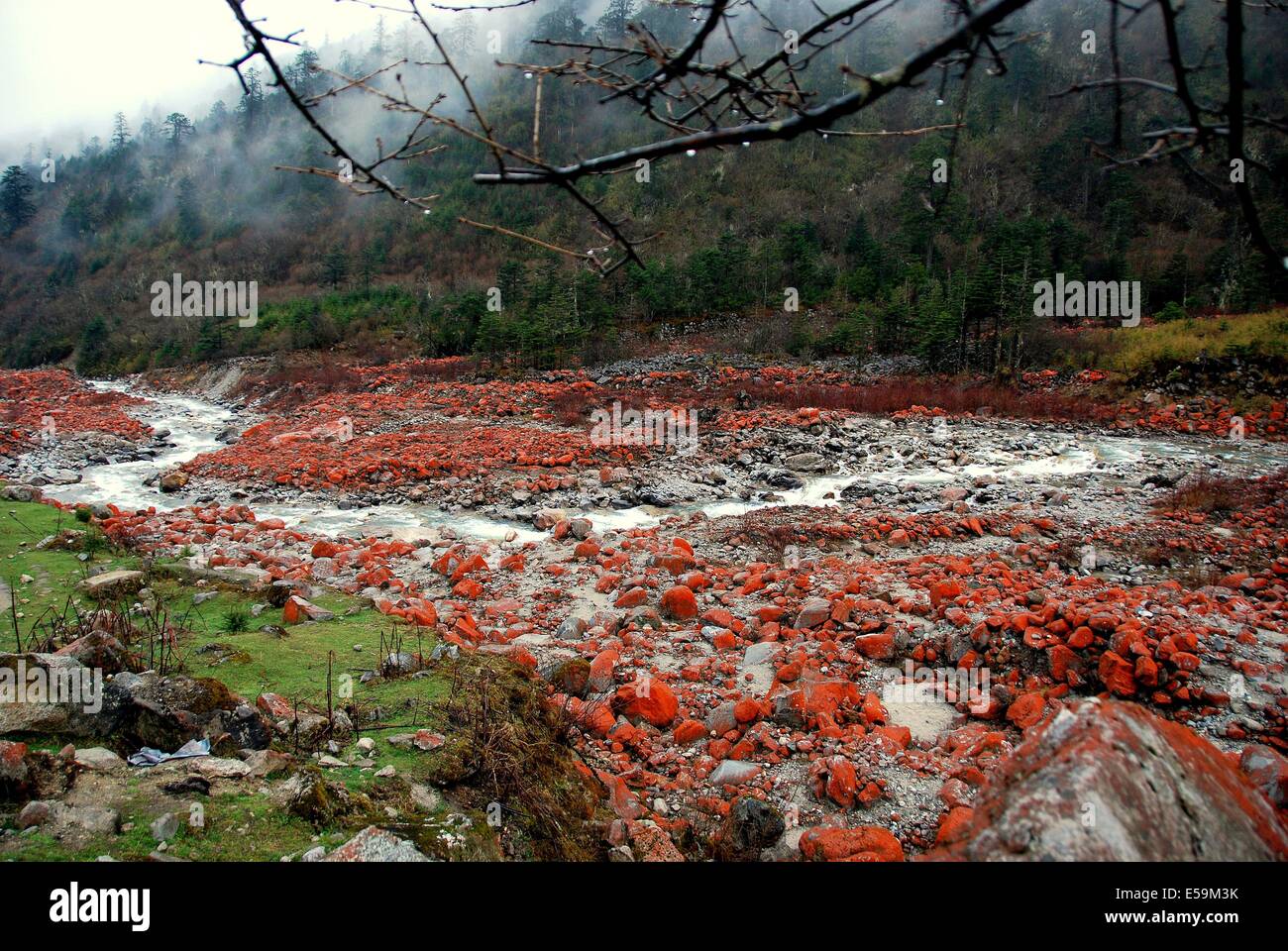 Gan Zi, China: Bright orange-red rocks, their colour formed from large ...