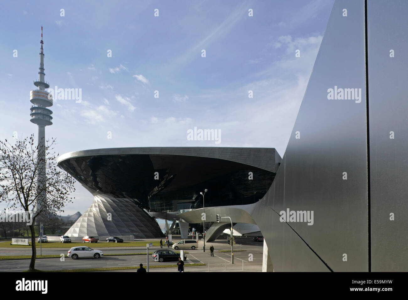 The Olympiaturm or Olympic Tower, Olympiapark, and the BMW-Welt or BMW World, Munich, Germany. Stock Photo