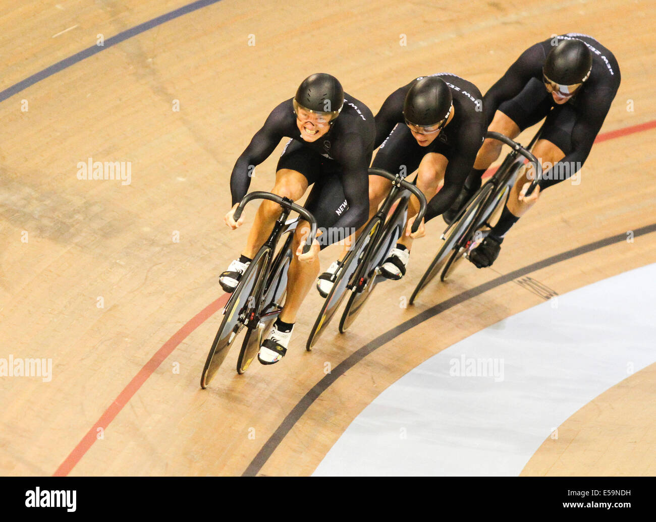 Glasgow, Scotland. 24th July, 2014. Glasgow Commonwealth Games. Mens Team Sprint Qualifying from the Sir Chris Hoy Velodrome. New Zealand break the commonwealth record in the last heat Credit:  Action Plus Sports/Alamy Live News Stock Photo