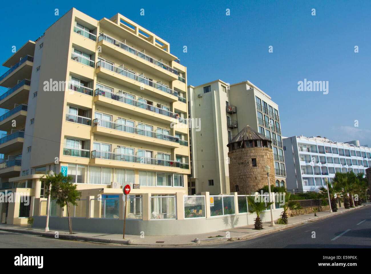 Hotels by Windy Beach, Rhodes town, Rhodes island, Dodecanese islands, Greece, Europe Stock Photo