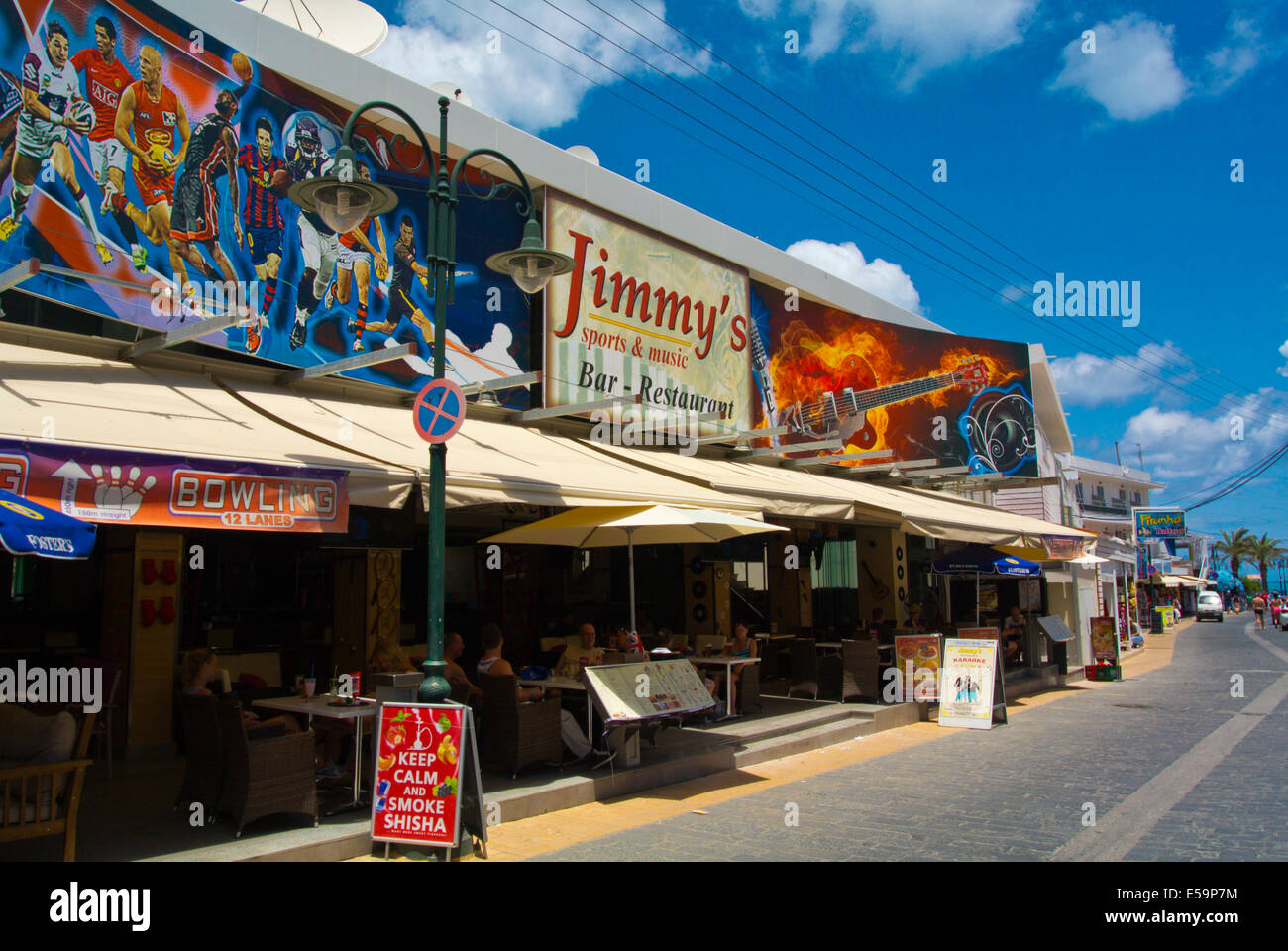 Main street with bars and cafes, Faliraki resort, Rhodes island