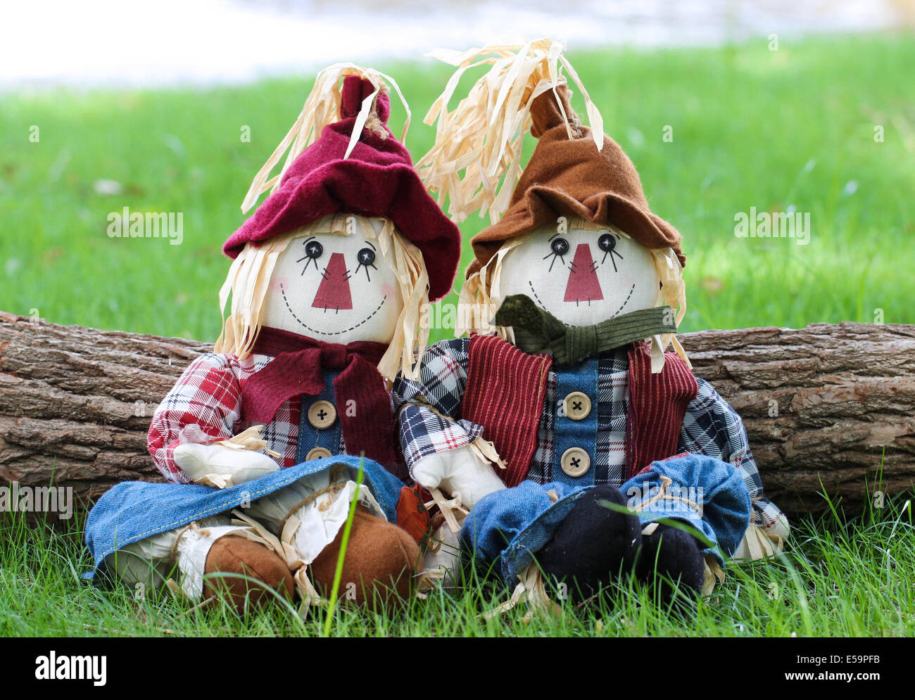 Girl and boy scarecrows sitting by log in grass next to lake Stock Photo - Alamy