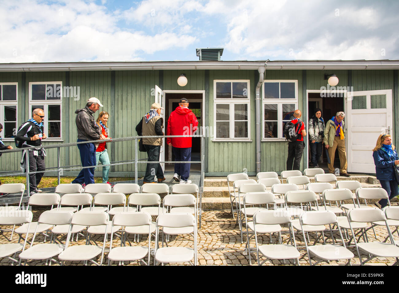 Mauthausen,Austria-May 10,2014:people and tourist visit inside the prisoners barracks in the mauthausen camp during a cloudy day Stock Photo