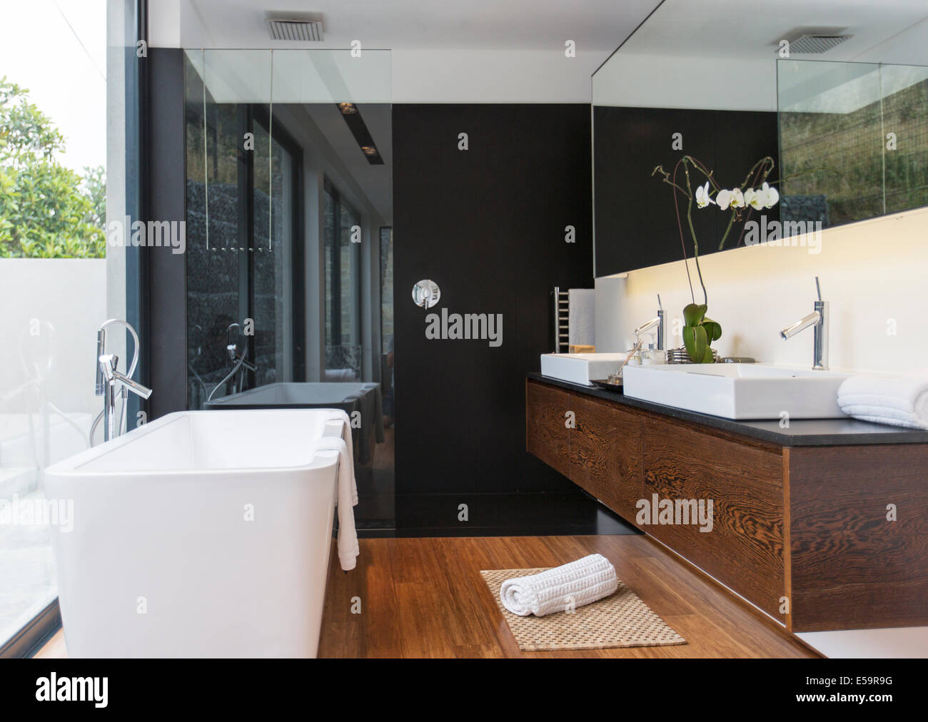 Bathtub and sinks in modern bathroom Stock Photo Alamy
