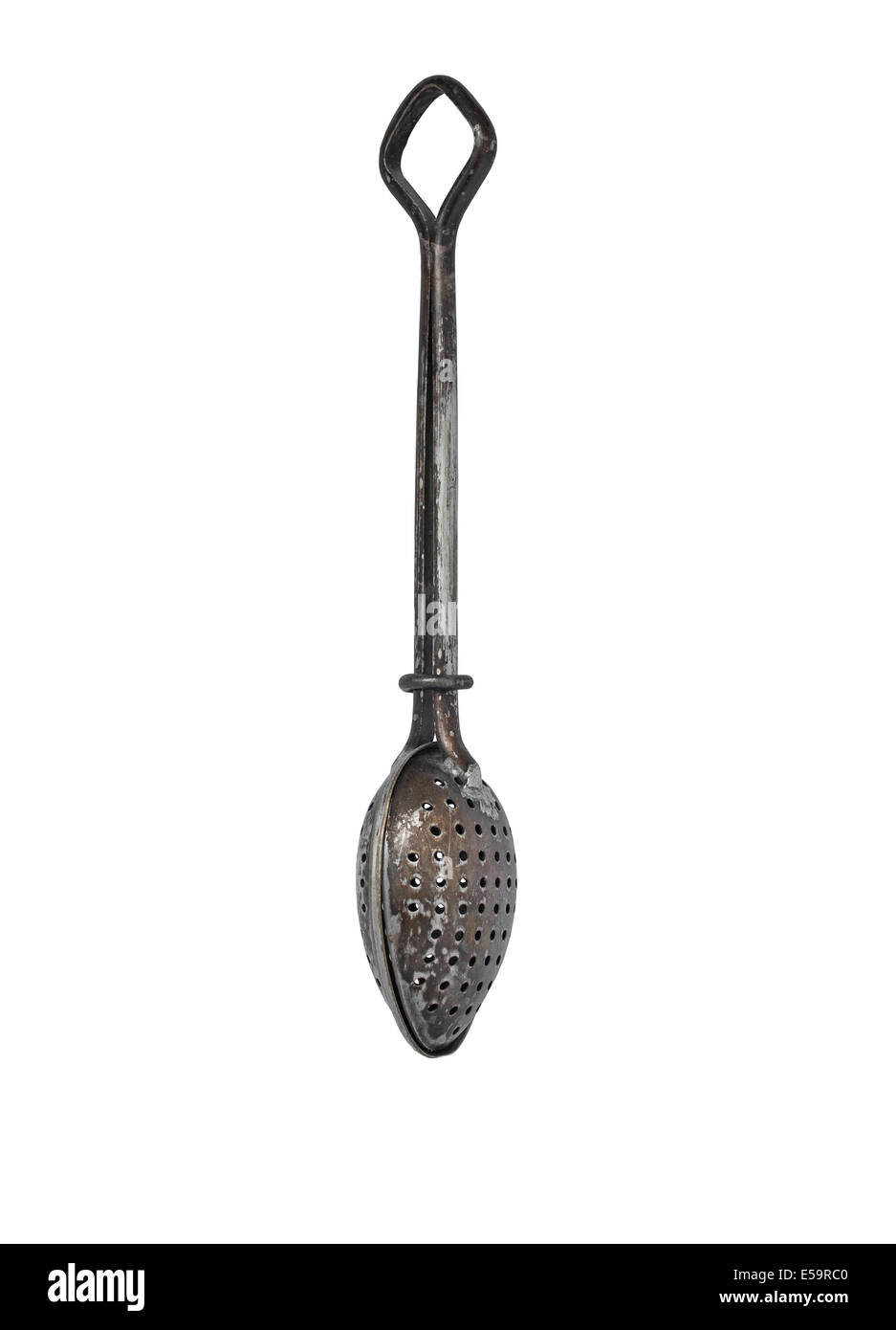 vintage tea infuser brewing silver spoon over white, clipping path Stock Photo