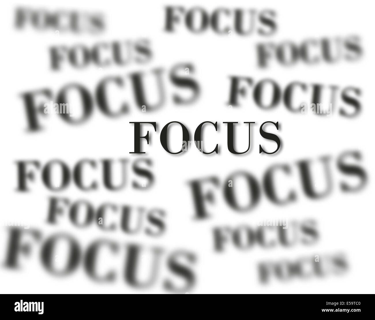 The word focus with blurred words in background isolated on white as