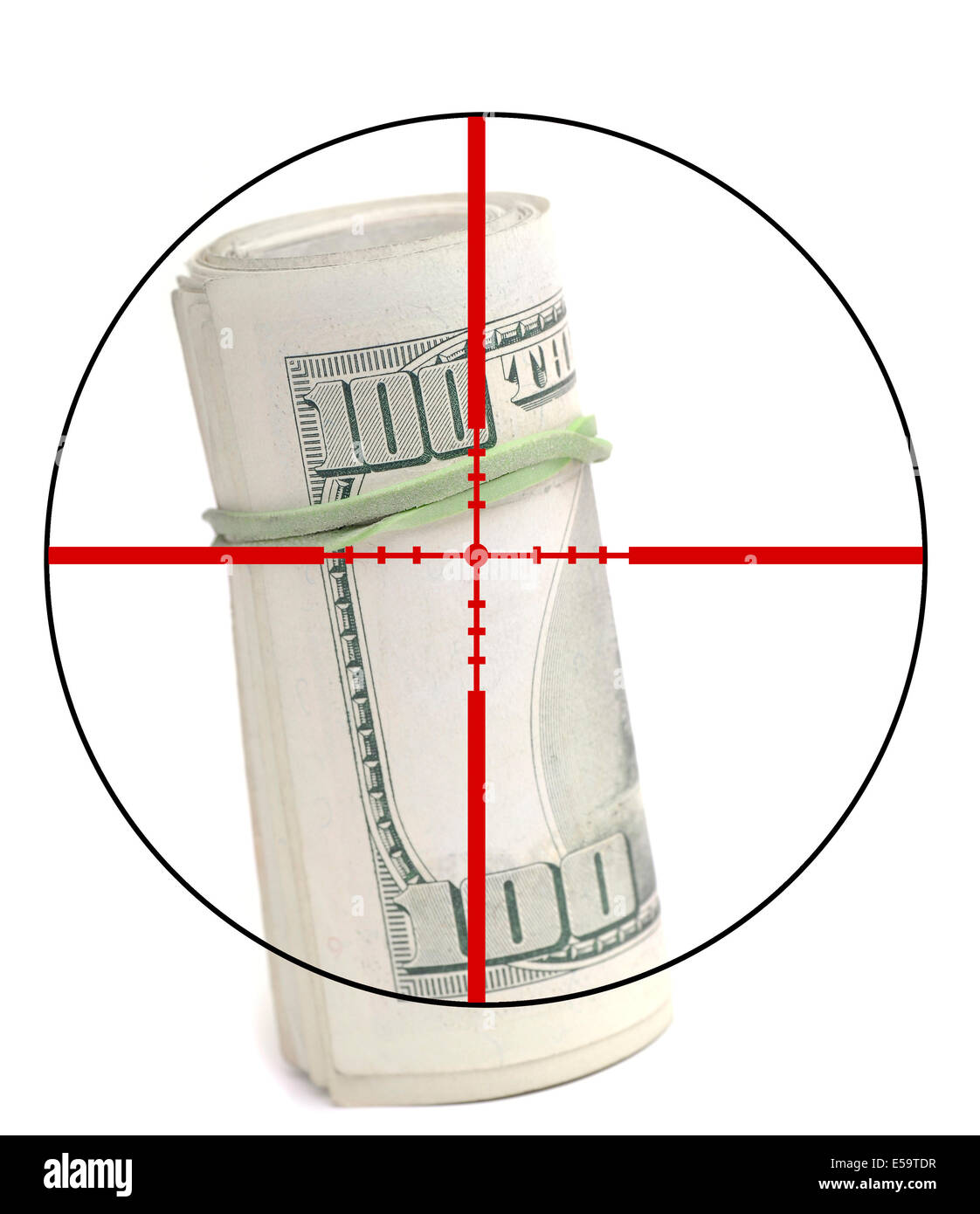 Closeup of hundred dollar bill isolated on white background with crosshairs symbolizing gunning for money Stock Photo