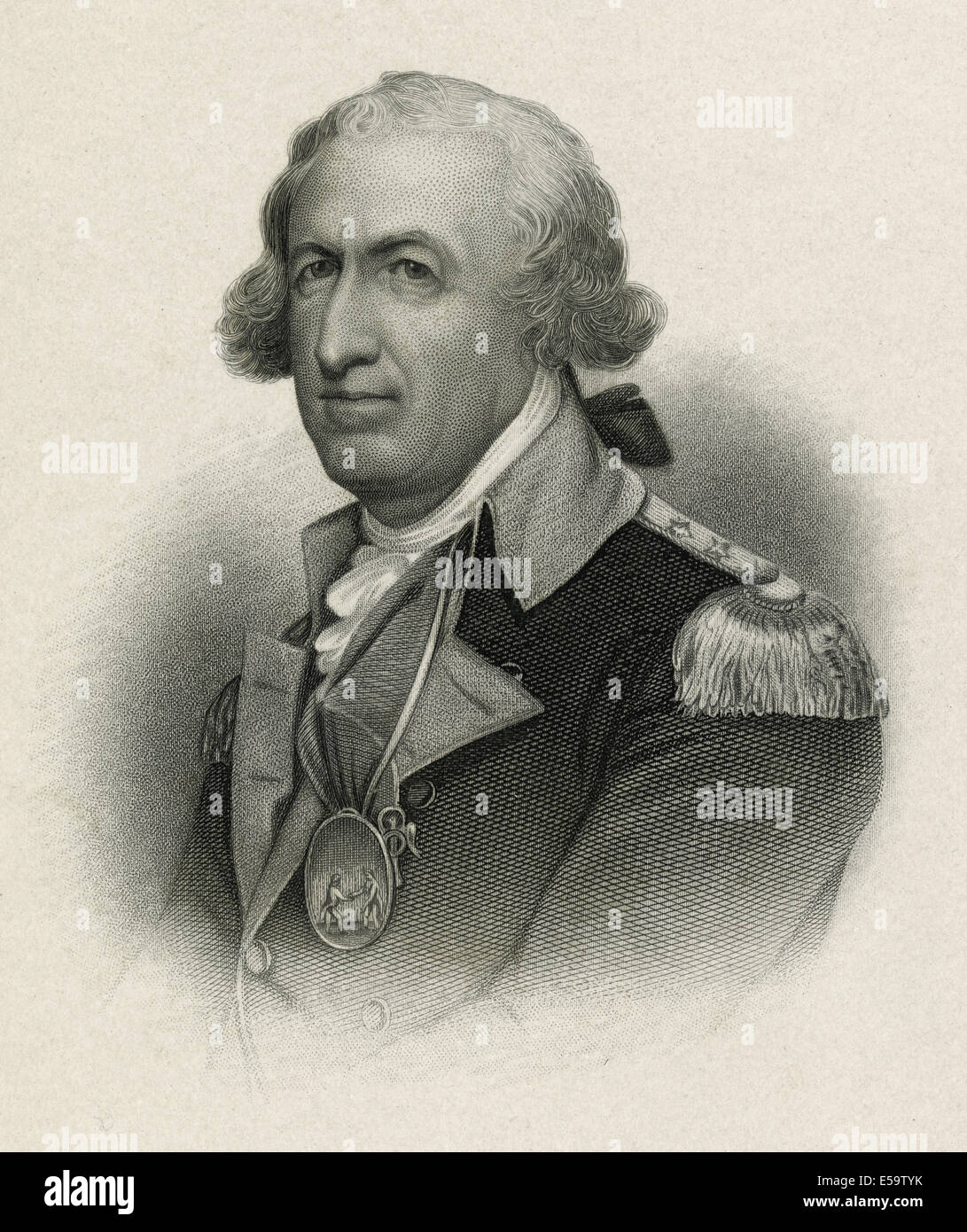 Antique engraving, circa 1860, of Horatio Gates. SOURCE: ORIGINAL FIRST GENERATION STEEL PLATE ENGRAVING. Stock Photo
