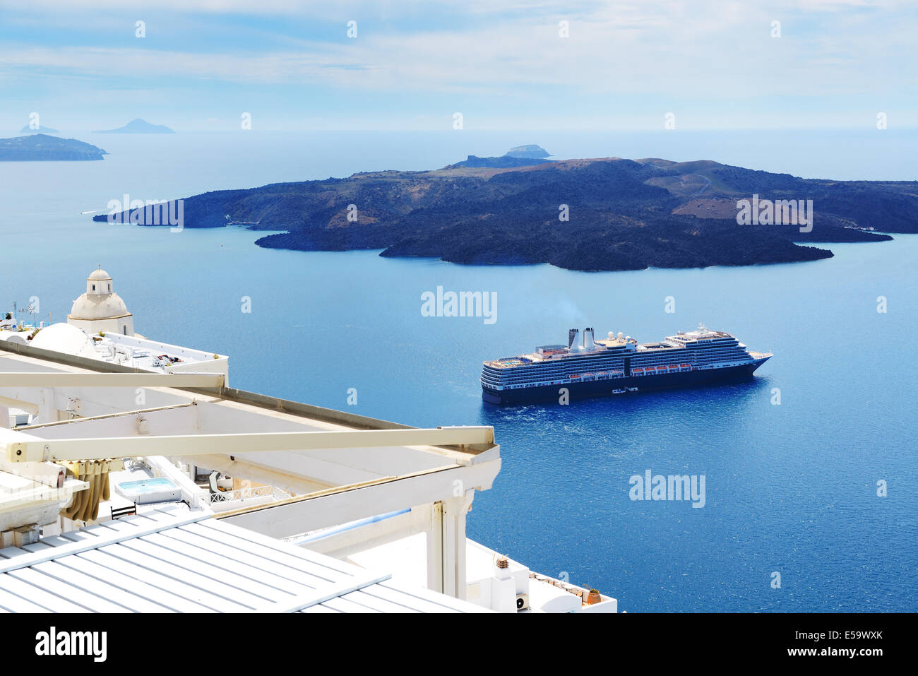 The view on Aegean sea and cruise ship, Santorini island, Greece Stock Photo