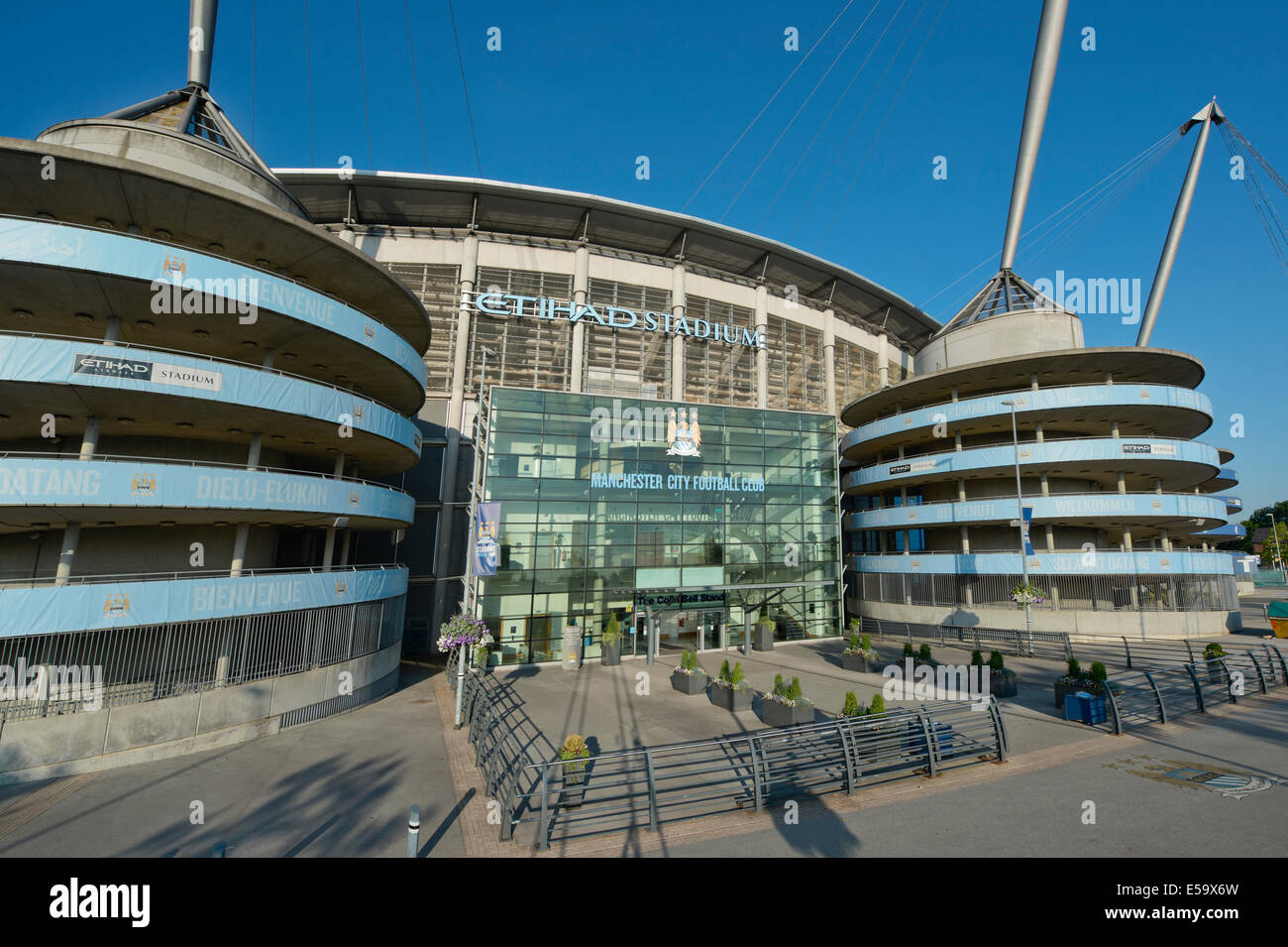 An external view of the Etihad Stadium, home of Barclays Premier League club Manchester City Football Club (Editorial use only). Stock Photo