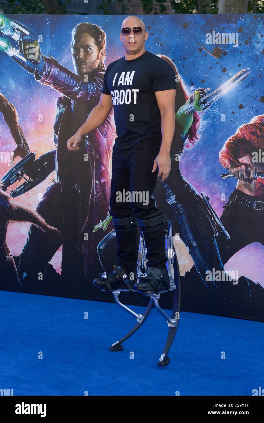 Actor Vin Diesel on stilts attends the European Premiere of Guardians of  the Galaxy on 24/07/2014 at Empire Leicester Square, London. Vin used the  stilts on set to atain the height of