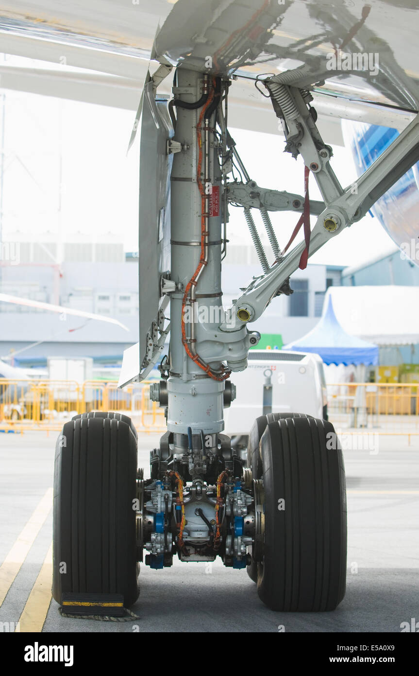 Rear landing gear of Boeing 787 wide-body airplane Stock Photo