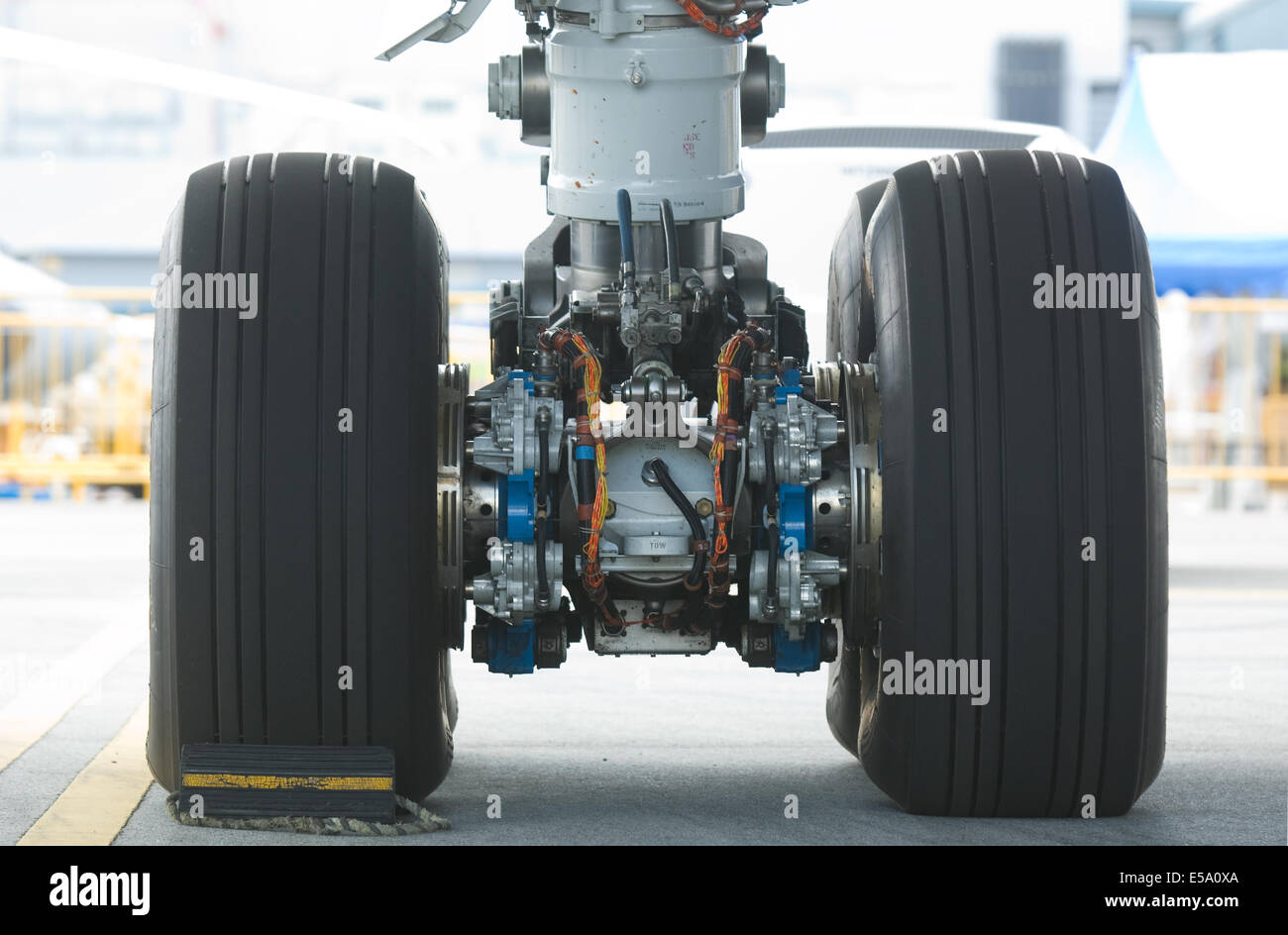 Rear landing gear of Boeing 787 wide-body airplane Stock Photo
