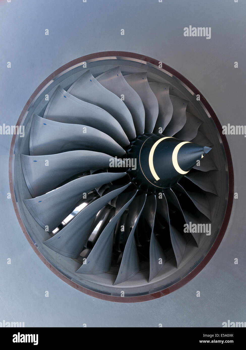 Turbine of jet engine on wide-body passenger airplane. Stock Photo