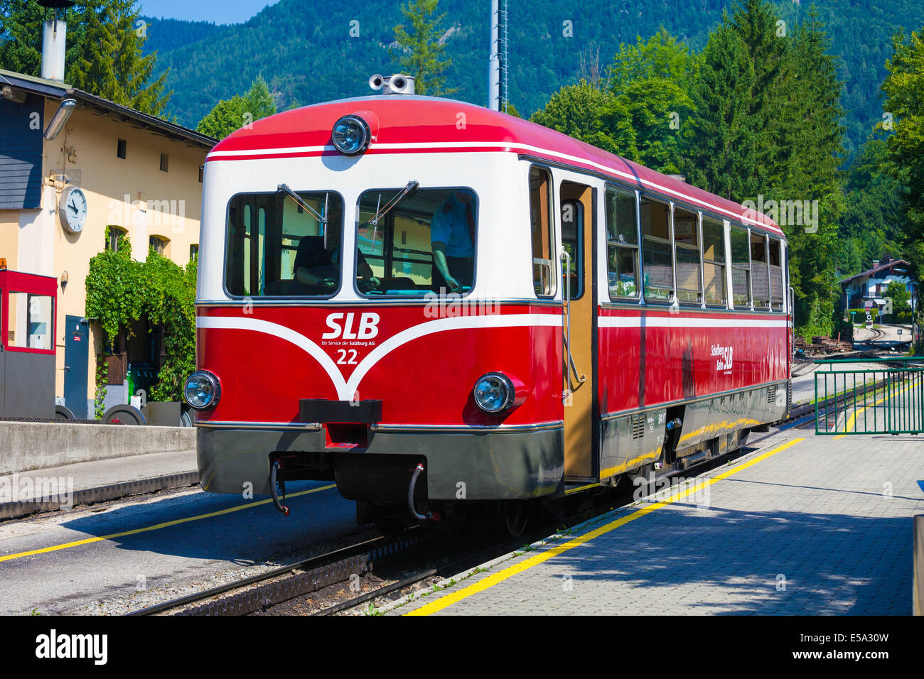 St. Wolfgang, Austria - August 6, 2014: Diesel locomotive of a vintage cogwheel railway going to Schafberg Peak (1783m) Stock Photo