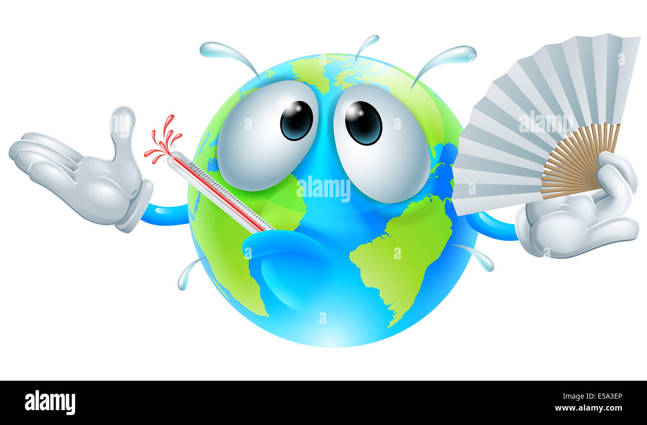 Global warming concept of a very hot globe character with a fever sweating, fanning with a paper hand fan and bursting a thermom Stock Photo
