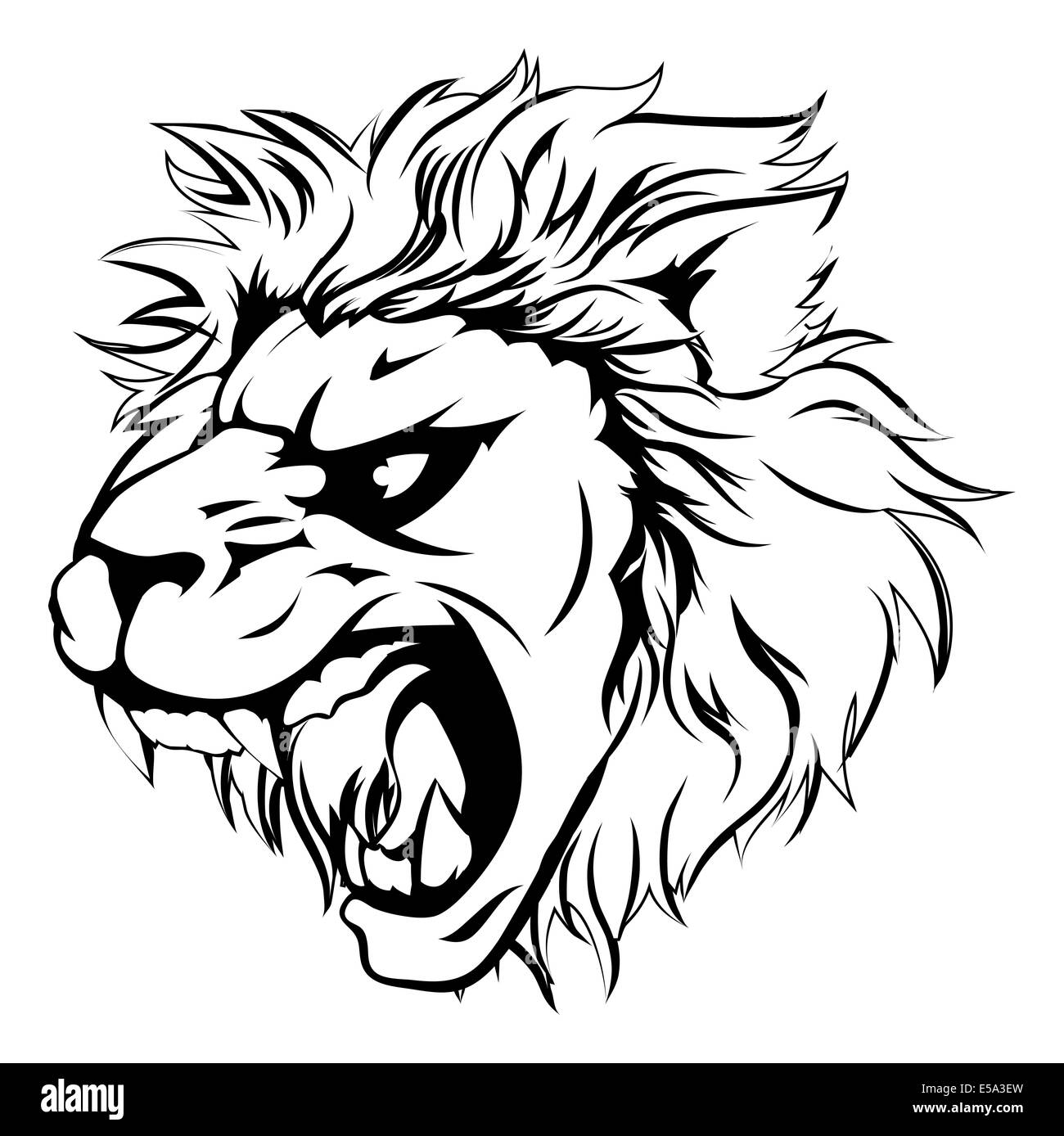 A powerful lion animal mascot head in black and white roaring Stock Photo