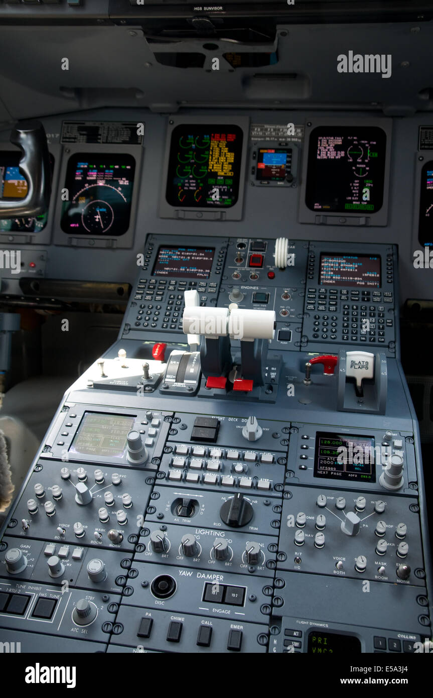 Cockpit of 100 seat, 2 engine jet airliner. Shallow depth of field with the nearest instruments in focus. Stock Photo