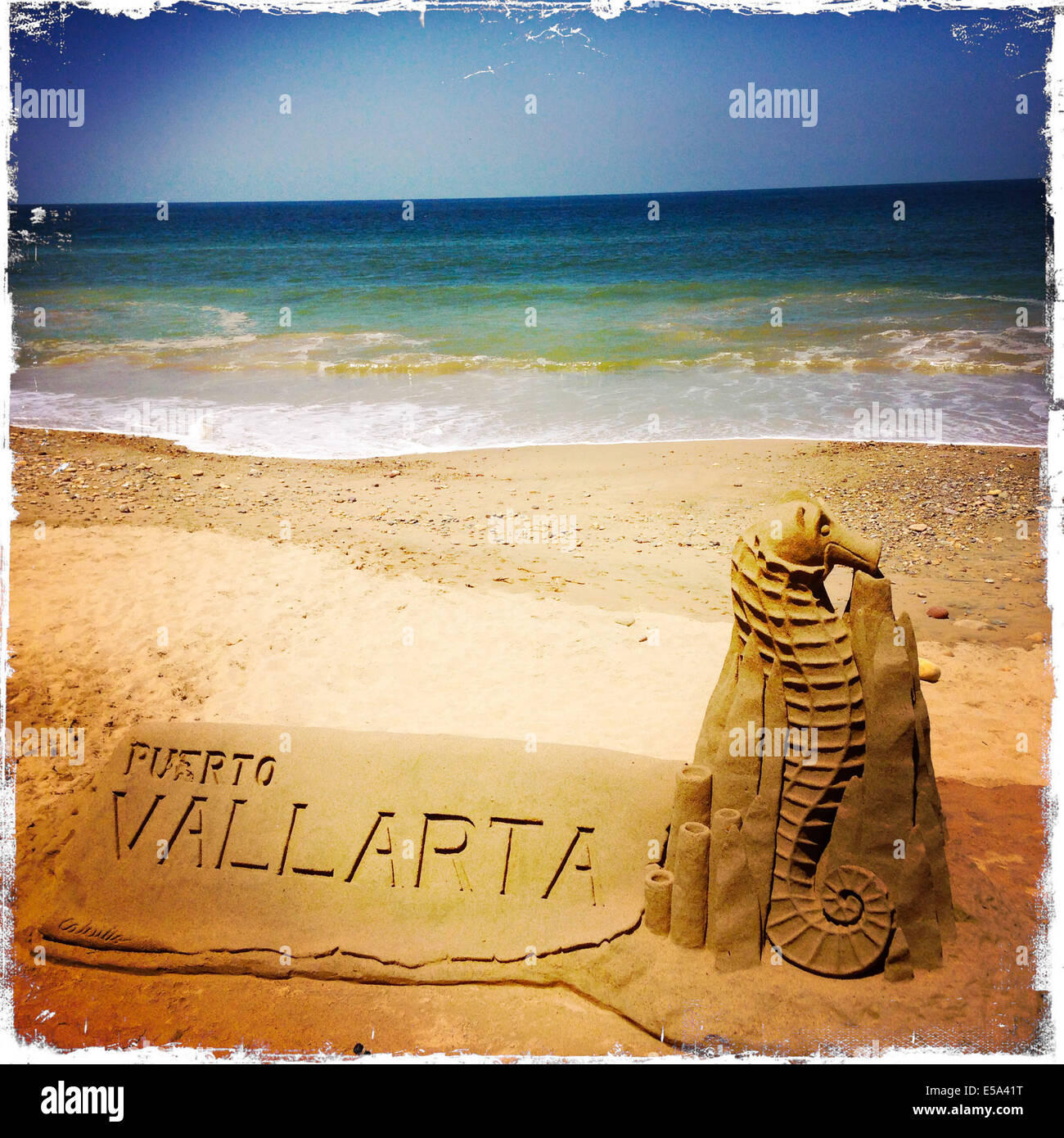 Puerto Vallarta in sandcastle on tropical beach - Smartphone Captured Stock Image