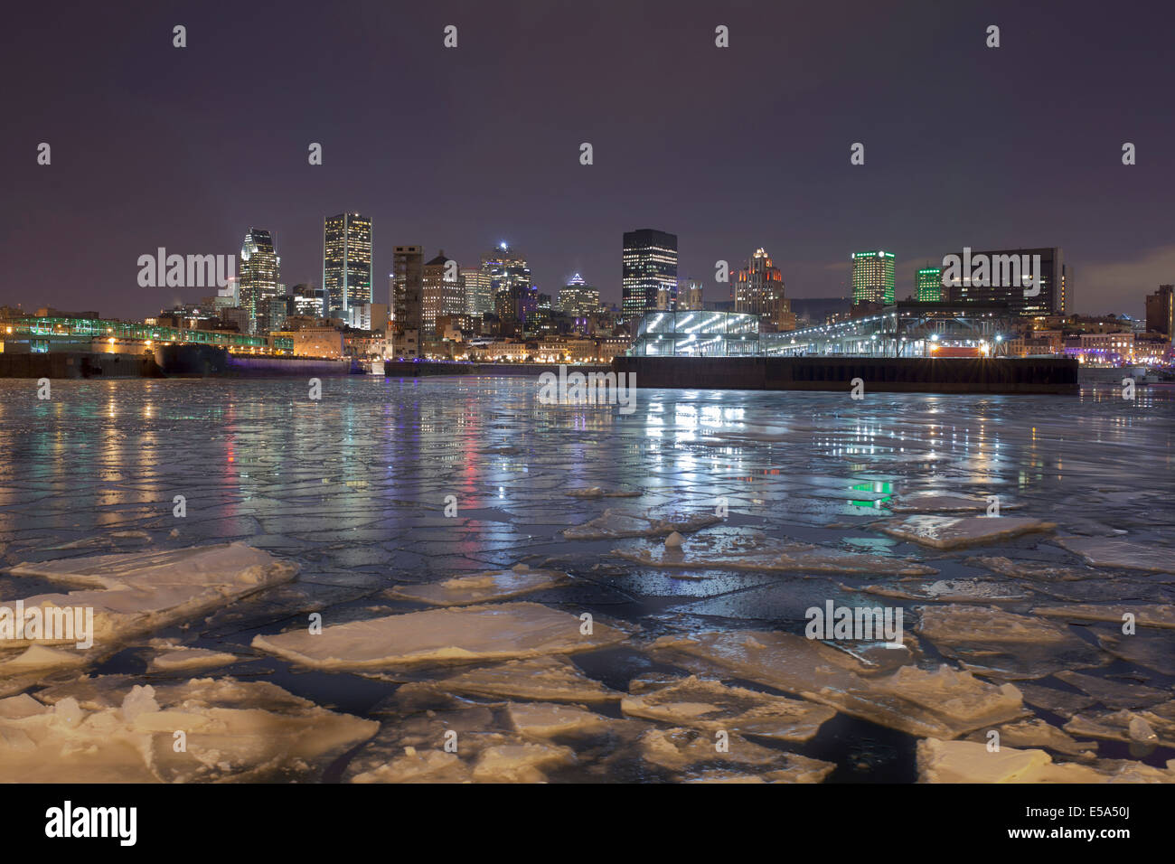 Ice sheets on Montreal harbor at night, Quebec, Canada Stock Photo Alamy