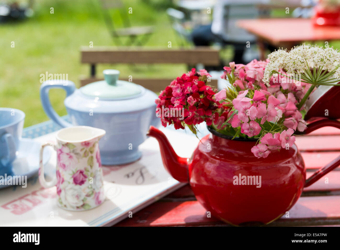 Teapot on tray with cup and saucer Bakewell Derbyshire England Stock Photo Alamy