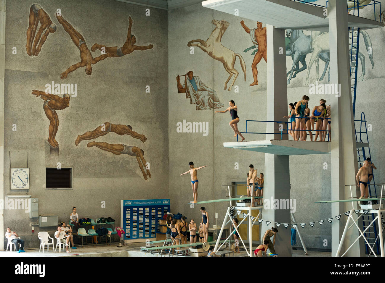 Rome. Italy. Mosaics in the fascist era Palazzo delle Piscine, part of the Foro Italico sports complex. Stock Photo
