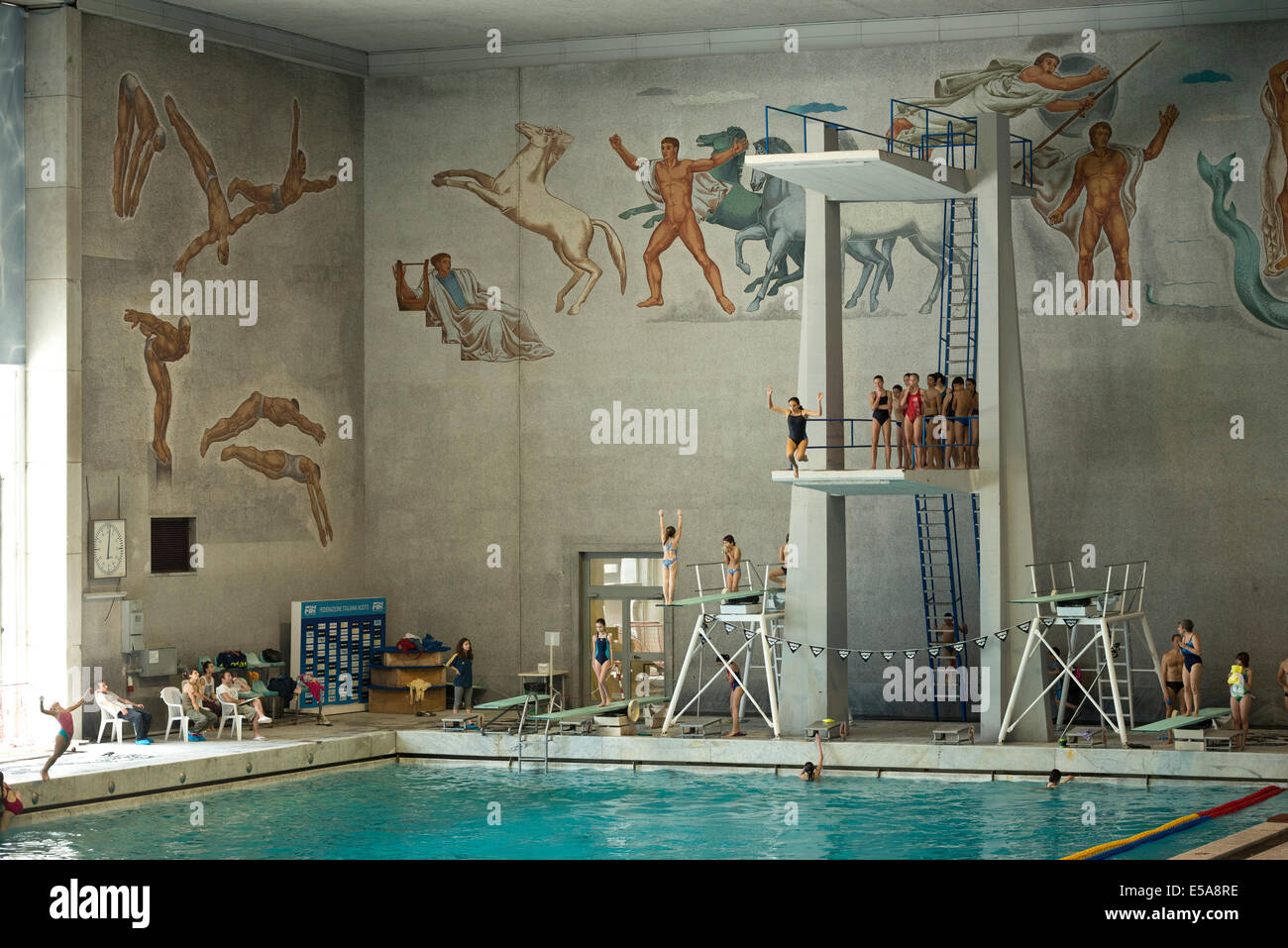 Rome. Italy. Mosaics in the fascist era Palazzo delle Piscine, part of the Foro Italico sports complex. Stock Photo