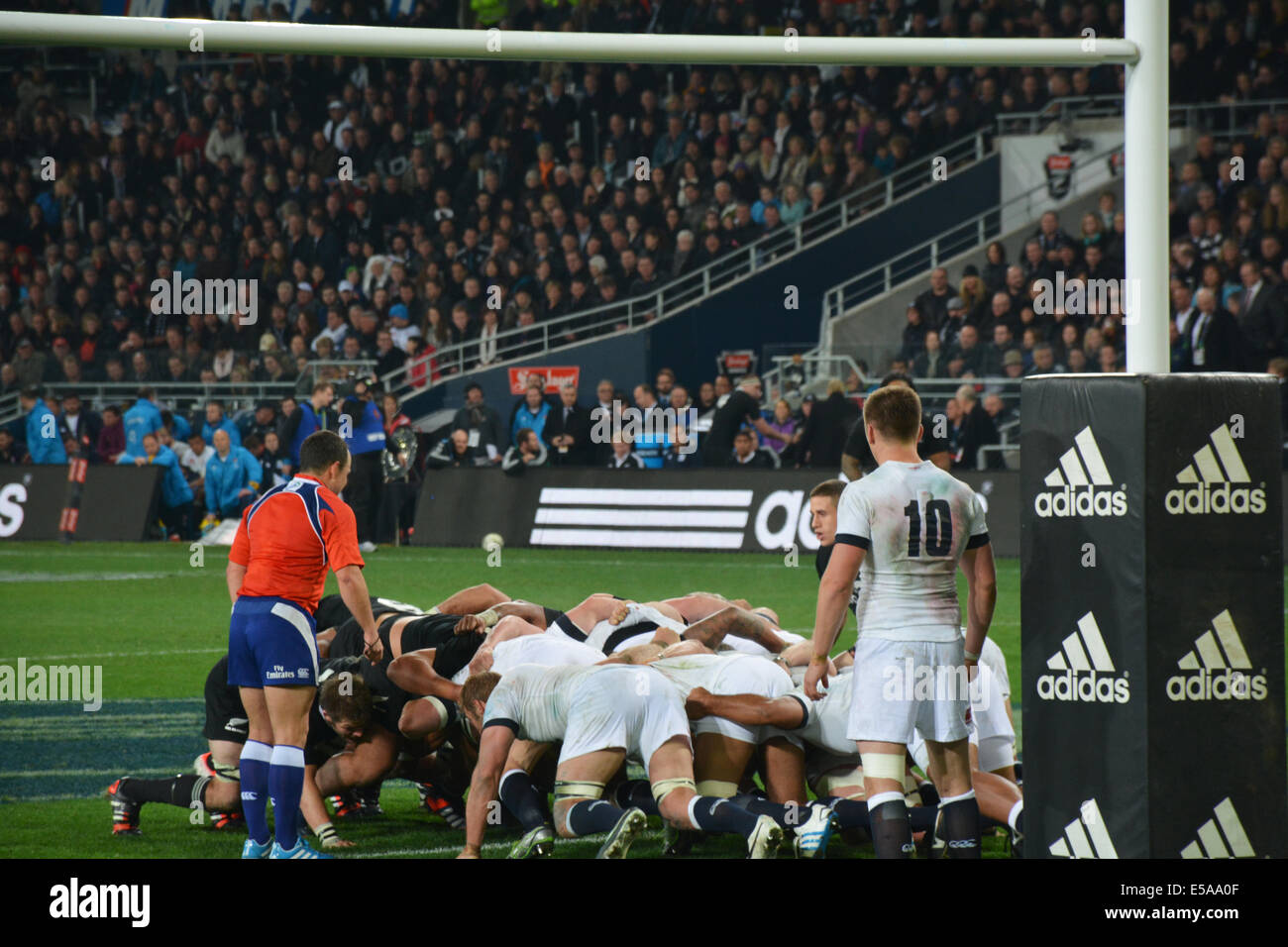 Rugby scrum during the All Blacks Vs England game in the Forsyth Barr Stadium, Dunedin,  played on June 14, 2014 Stock Photo