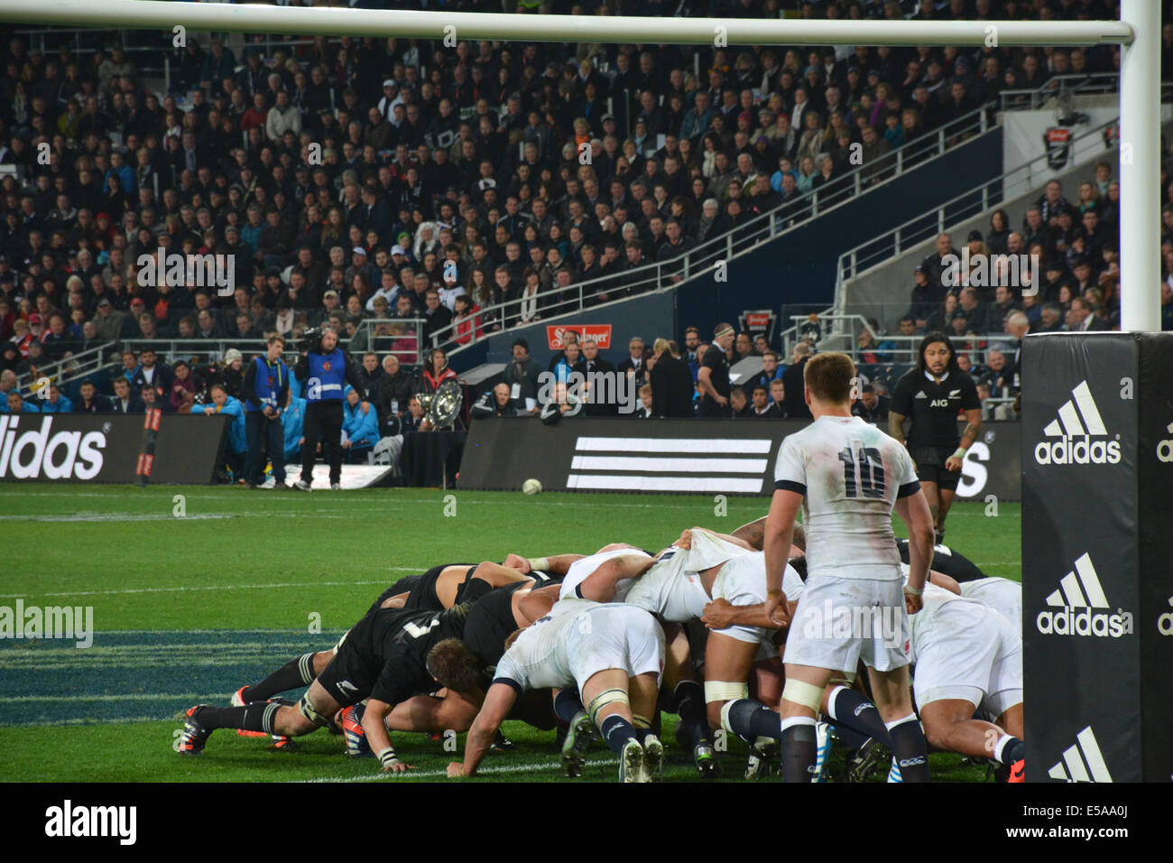 Rugby scrum during the All Blacks Vs England game in the Forsyth Barr Stadium, Dunedin,  played on June 14, 2014 Stock Photo