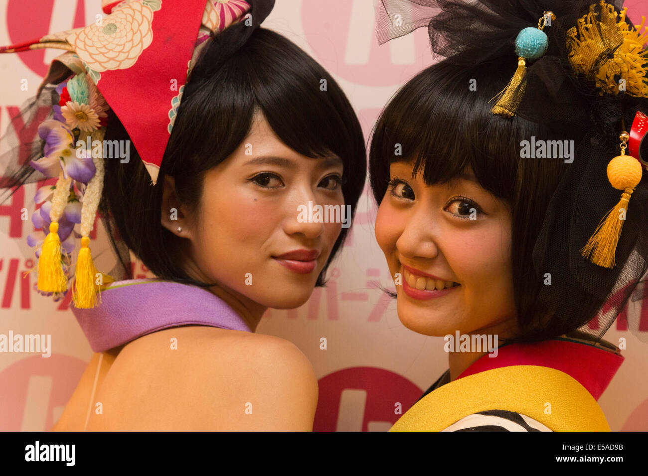London, UK. 25 July 2014. The Japanese pop duo Yanakiku. The Hyper Japan  show starts at