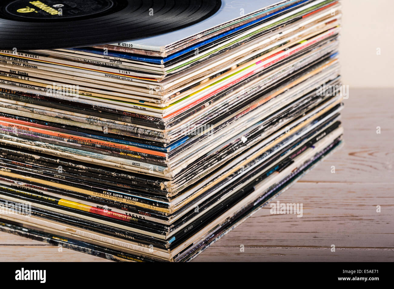 Stack of old long playing album records. Stock Photo