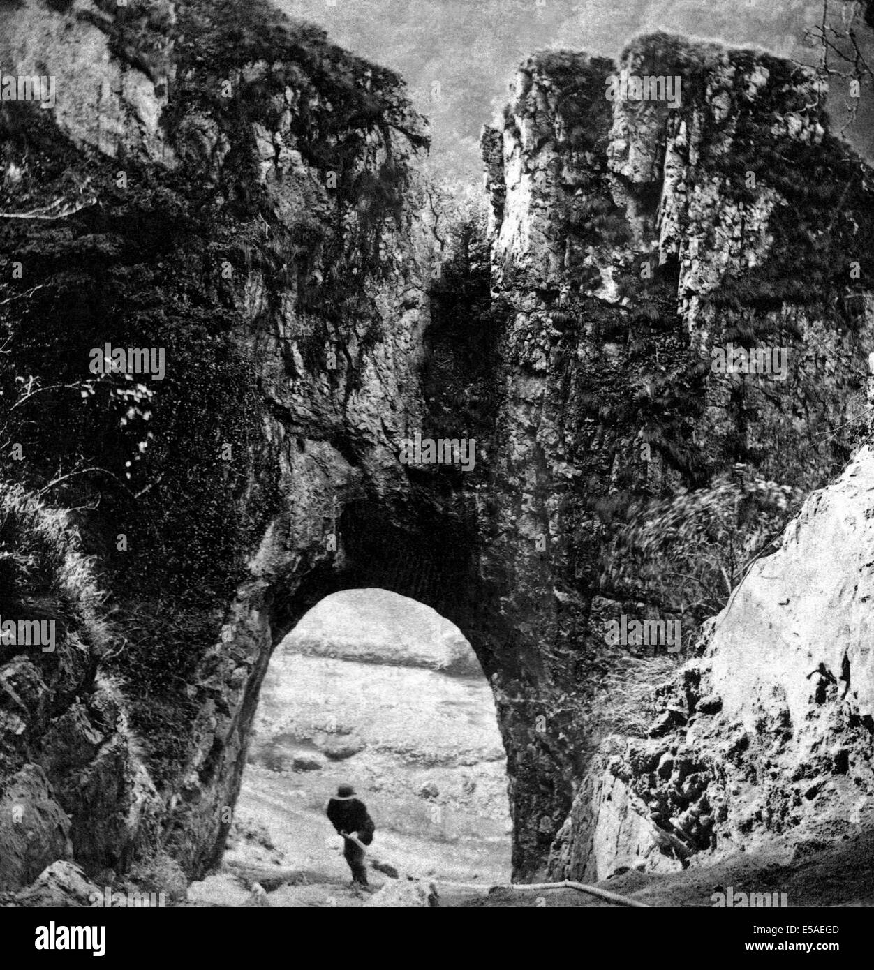 UK, England, Derbyshire, ‘A Peep at Dovedale Castle, from Reynard’s Cave’, historic image from 1860s Stock Photo