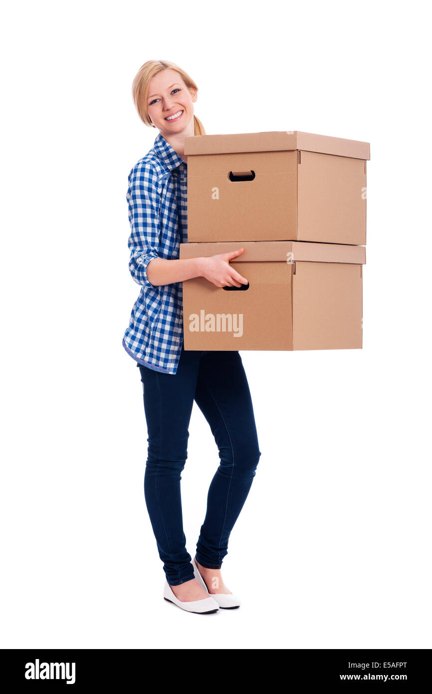 Woman carrying heavy boxes hires stock photography and images Alamy