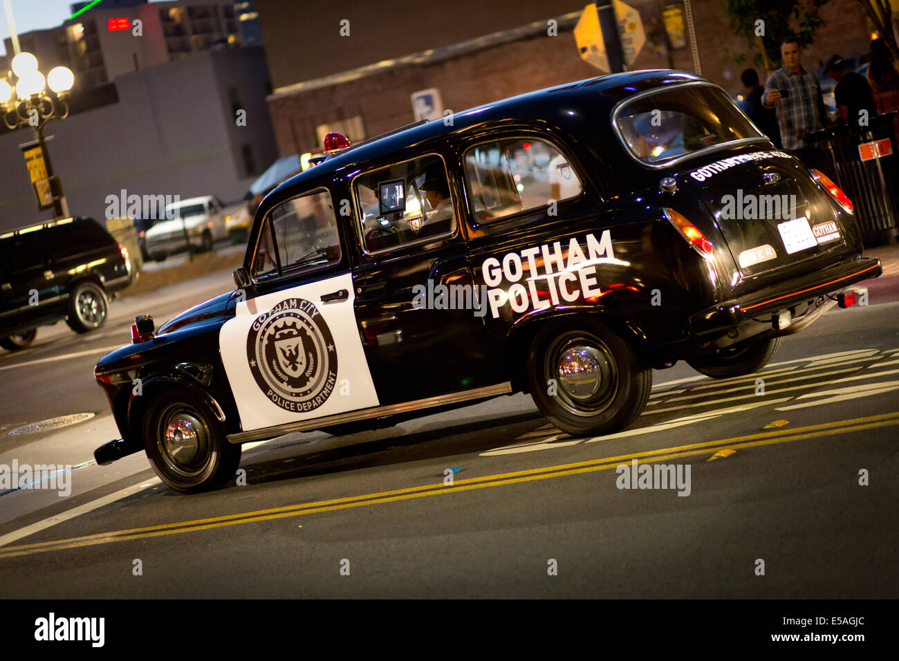 Gotham Police Car At The Gaslampquarter Giving Free Rides Sponsored By Uber Close To The Comic Con An Annually Exhibition About Anime Manga Comics Video Games Etc In July 2014 Stock Photo