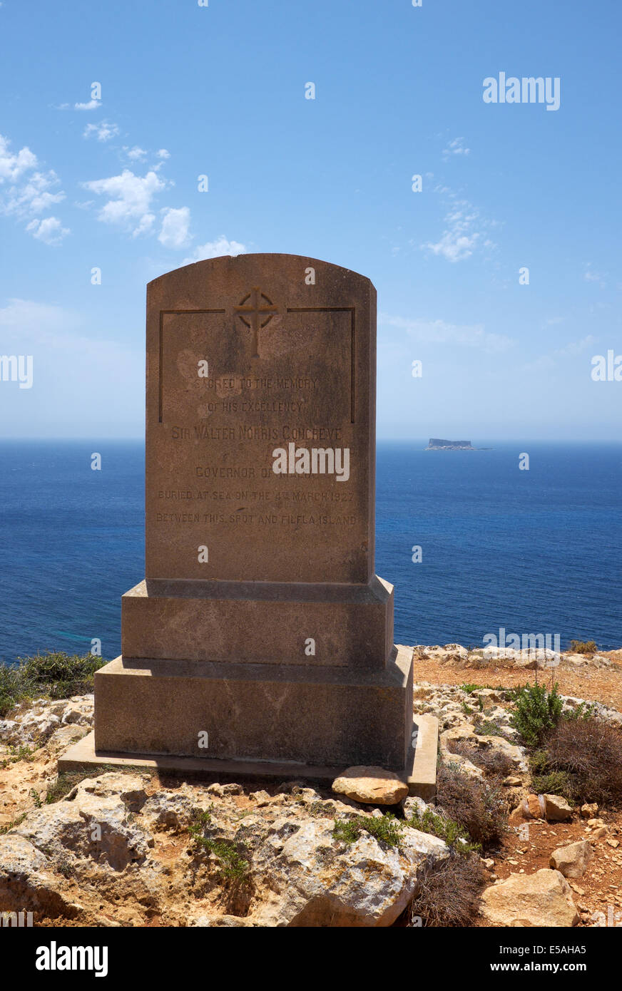 Monument to General Sir Walter Norris Congcreve Governor of Malta near Mnajdra noting his burial at sea near Filfla Isle Stock Photo