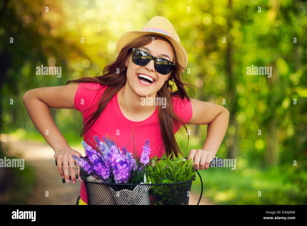 Happy woman spending time in nature, Debica, Poland. Stock Photo