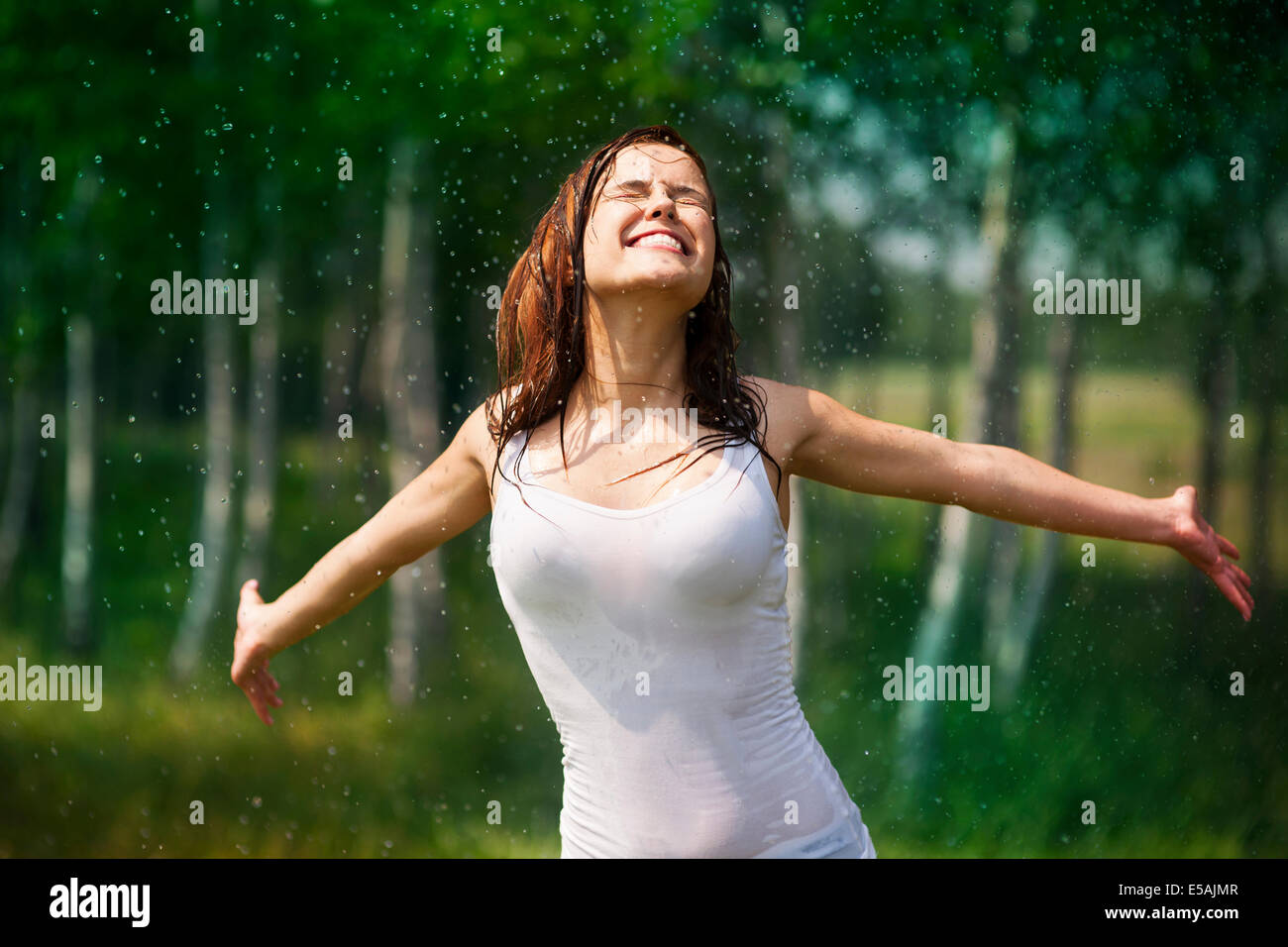 Happy young woman enjoying in nature, Debica, Poland. Stock Photo