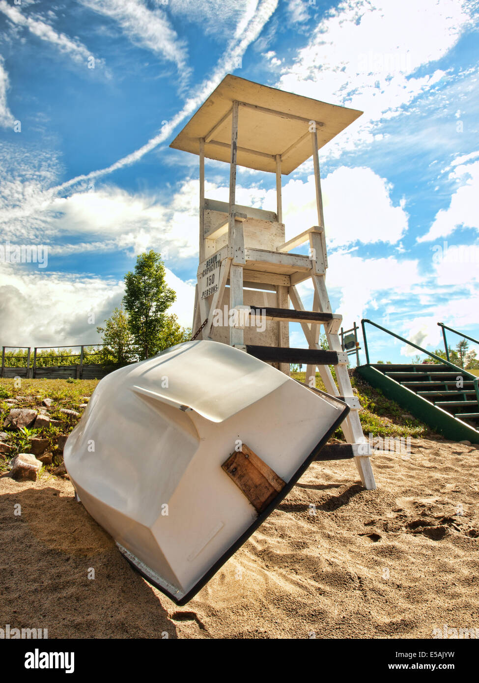lifeguard stand and row boat on Speculator Beach in Speculator, New