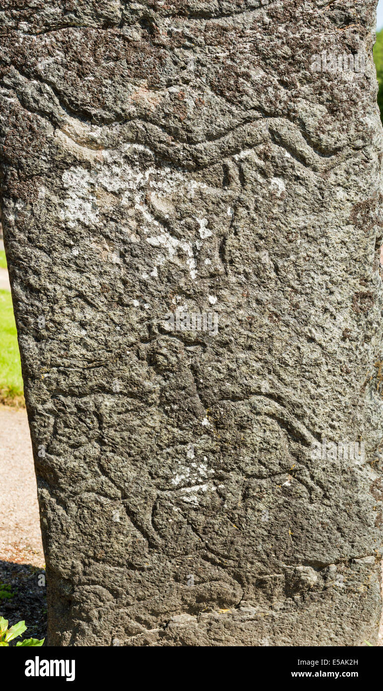 PICTISH CARVED BATTLESTONE DETAIL OF CARVINGS ON THE STONE FOUND IN MORTLACH CHURCHYARD DUFFTOWN SCOTLAND Stock Photo