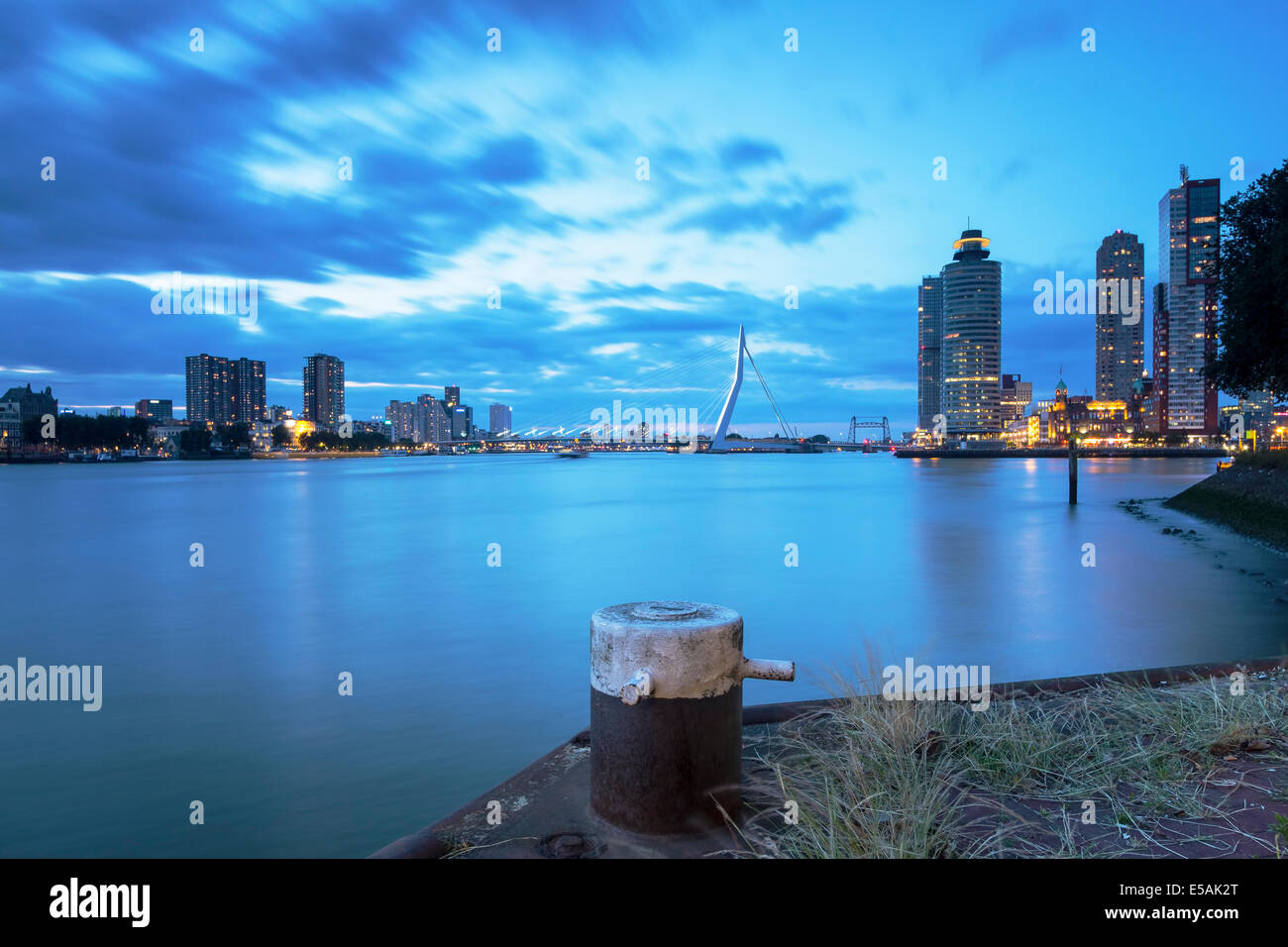 Rotterdam skyline during the blue hour, long exposure. Stock Photo